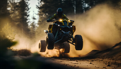 Wall Mural - Man jumping atv vehicle on offroad track in touristic tour, extreme sport activities theme. Generation AI