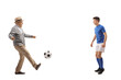 © Ljupco Smokovski - Full length profile shot of an excited elderly man kicking a ball to a football player