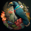 Tropical bird with jungle vegetation and exotic fauna and flora in bright colors, generative IA