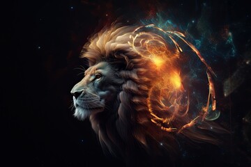 Wall Mural - Stargazing Through the Spiral Galaxy: Surreal Light and Energy Pattern of a Lion: Generative AI