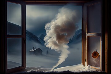 Wall Mural - puff of smoke from the window, with view of snowy landscape, created with generative ai