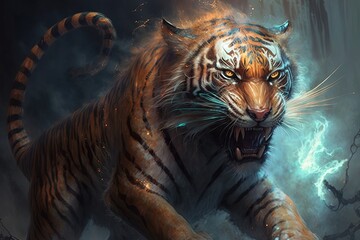 Wall Mural - joyful fury and glorious charm from the past - revered in a luminous tiger illustration generative a