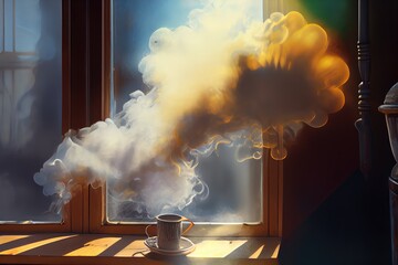 Wall Mural - reflection of the sun on a windowpane, with puffs of smoke from the fireplace visible, created with generative ai