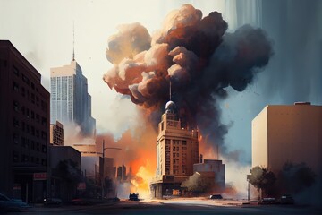 Canvas Print - a view of the city, with smoke billowing from a building in the background, created with generative ai