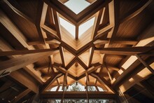 Wooden Roof Structure. Glued Laminated Timber Roof. Rafters Made Of Wood. Generative AI