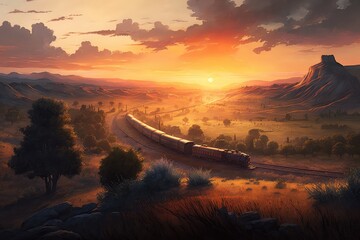 Sticker - stunning sunset, with train in the distance, against a backdrop of rolling hills, created with generative ai