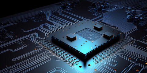 Printed circuit board futuristic server code processing. Black and blue technology background with bokeh. 3d rendering