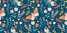 Folk Spring Seamless Background With Moth. Mystery Luna Print With Butterfly, Herbs And Flowers.Bloomy Boho Graphic. Night Floral Old Art, Vintage Bohemian Fabric.
