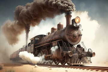 Sticker - a steam locomotive with its wheels churning, chugging along the tracks, created with generative ai