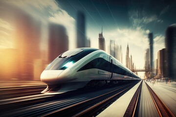 Poster - high-speed train racing past urban landscape, with blur of buildings and people visible inside, created with generative ai