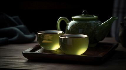 Cup with green tea and teapot. Generative Ai