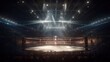In the fighting cage. Interior view of sport arena with fans and shining spotlights. Digital sport 3D illustration. Generative AI