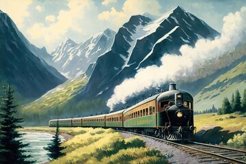 Poster - passenger train, passing through picturesque landscape, with mountains in the background, created with generative ai