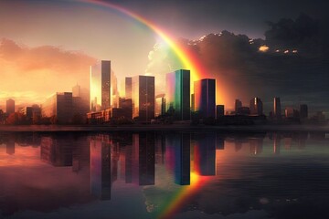 Wall Mural - city skyline with rainbow reflecting off of the glass buildings at sunset, created with generative ai