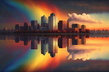 Wall Mural - city skyline with rainbow reflecting off of the glass buildings at sunset, created with generative ai