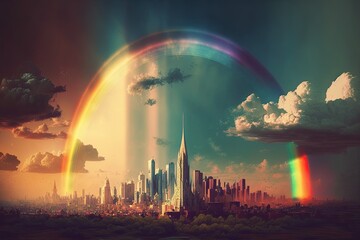 Wall Mural - rainbow over a city skyline, with the sun peering out from behind the clouds, created with generative ai