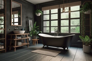 Scandinavian style interior bathroom with a big metal black bathtub and several potted plants in the windows, with natural wood furniture with dark grey color paint and towels and a. Generative AI
