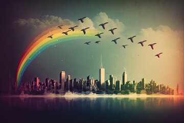 Sticker - rainbow over the city skyline, with a flock of birds in flight, created with generative ai