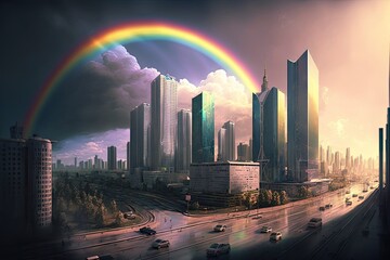 Wall Mural - rainbow over a bustling city with skyscrapers and traffic, created with generative ai