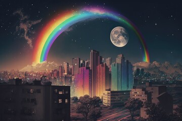 Sticker - rainbow over a cityscape with the moon in the sky, and stars shining, created with generative ai