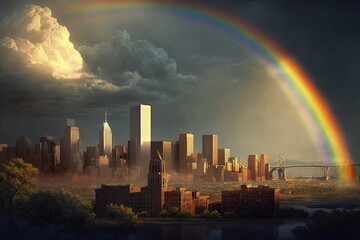 Poster - a majestic rainbow over the city, with a view of the skyline in the background, created with generative ai