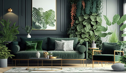 Minimal living room with interior sofa and green nature tropical plant decoration, foliage leaves nature forest theme concepts, Home decoration mock up, with Generative AI.