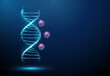 Blue 3d DNA molecule helix with viruses behind
