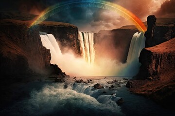 Sticker - rainbow over a waterfall, with the sun sinking below the horizon in the background, created with generative ai