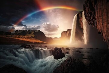 Poster - rainbow over a waterfall, with the sun sinking below the horizon in the background, created with generative ai