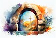 © Pixel Matrix - Watercolor Illustration of a Abstract Art. Colorful Painting Art Of The Empty Tomb Of Jesus. Easter Or Resurrection Concept. He Is Risen. Generative AI