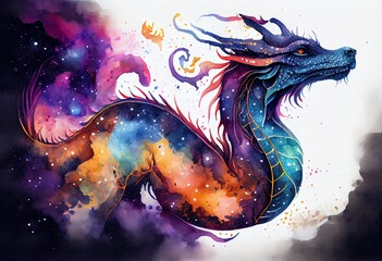 Wall Mural - watercolor illustration of a mesmerizing cosmos dragon with universe and colorful galaxies inside it