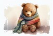 © Pixel Matrix - Watercolor Illustration of a Teddy Bear Wearing A Scarf, Looking Sick. Generative AI