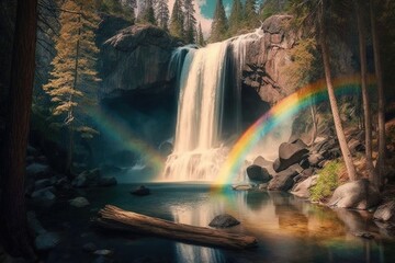 Sticker - photogenic rainbow over tranquil waterfall in serene forest setting, created with generative ai