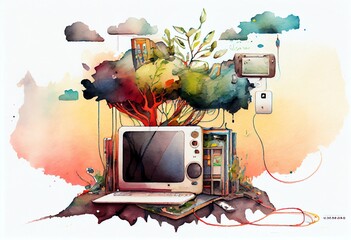 Wall Mural - watercolor illustration of a technology concept. generative ai
