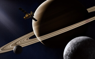 Wall Mural - 3d render, gas giant planet in deep space. saturn planet and rings close-up