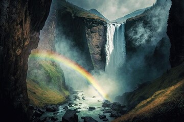 Canvas Print - majestic waterfall, with rainbow in the mist and view of the valley below, created with generative ai