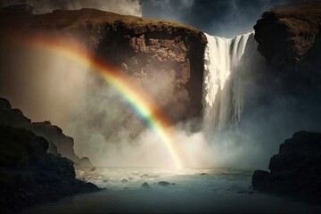 Canvas Print - a rainbow shining over a waterfall, with mist rising from the water, created with generative ai