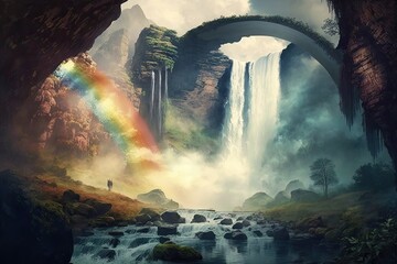 Canvas Print - a magical waterfall with a rainbow, surrounded by mist and greenery, created with generative ai