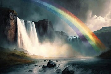 Canvas Print - rainbow arcing over a thundering waterfall, with mist rising from the water, created with generative ai