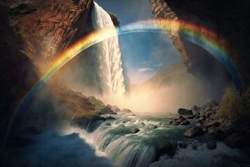 Canvas Print - rainbow arching over a waterfall, with the sun shining through, created with generative ai