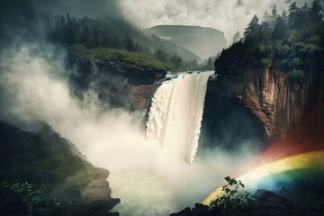 Canvas Print - rainbow over waterfall surrounded by mist, with view of the forest in the background, created with generative ai