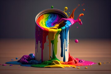 Canvas Print - a can of rainbow paint sitting on a table with several different colors spilling out., created with generative ai