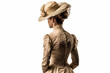Lady in Victorian era dress and hat stands on white background, isolated, created with Generative AI Technology
