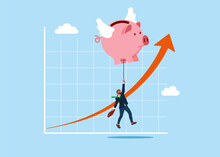 Flying Pink Piggy Bank Floats Higher. Savings Are Growing. Modern Vector Illustration In Flat Style