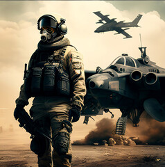 Army soldier in war background with airplane  