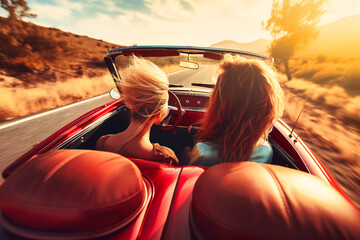 Rear view of friends embarking on a road trip in a convertible car, wind blowing through their hair