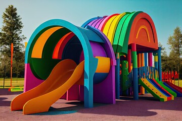 Canvas Print - a rainbow painted playground with slides, swings, and other fun features for kids., created with generative ai