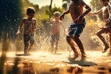 Children Racing Through A Sprinkler, Squealing With Delight As They Cool Off From The Summer Heat