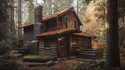 Wall Mural - In the middle of the woods a cozy cabin with a rusti Generative AI