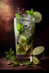 Wall Mural - Classic cuban Mojito drink with lime, mint and ice. Generative AI